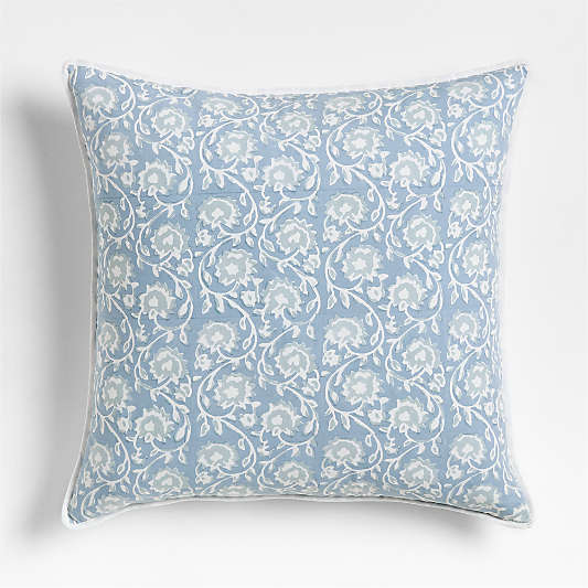 Washed Cotton 23"x23" Ruka Blue Floral Reversible Hand Printed Throw Pillow with Down-Alternative Insert