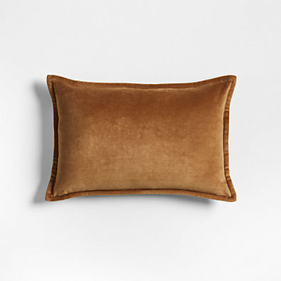 View Organic Washed Cotton Velvet 18"x12" Cognac Brown Throw Pillow with Down-Alternative Insert details