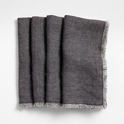 View Washed Indigo Blue Linen Napkin with Fringe Trim, Set of 4 details