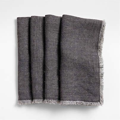 Washed Indigo Blue Linen Napkin with Fringe Trim, Set of 4
