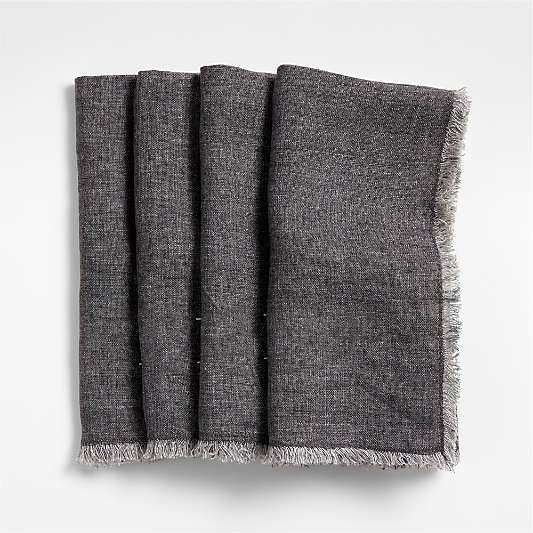 Washed Indigo Blue Linen Napkin with Fringe Trim, Set of 4