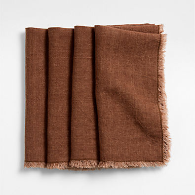 View Washed Spice Orange Linen Napkin with Fringe Trim, Set of 4 details
