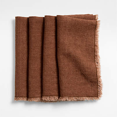 Washed Spice Orange Linen Napkin with Fringe Trim, Set of 4