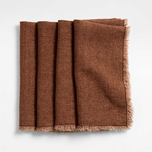 Washed Spice Orange Linen Napkin with Fringe Trim, Set of 4