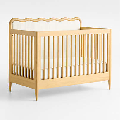 Waveland Natural Oak Wood and Natural Stripe Upholstered Convertible Baby Crib
