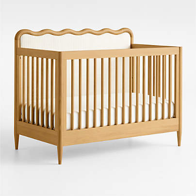 Waveland Natural Oak Wood and Natural Stripe Upholstered Convertible Baby Crib