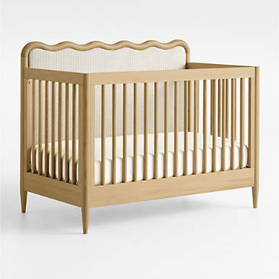 Waveland Natural Oak Wood and Upholstered Performance Stripe Convertible Baby Crib with Toddler Bed Rail