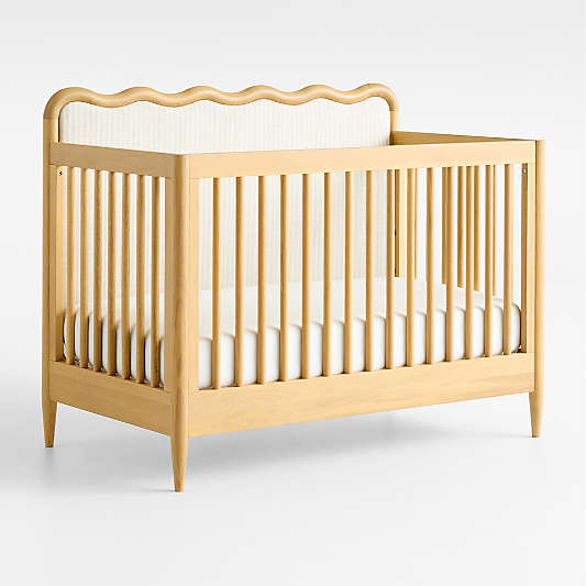 Waveland Natural Oak Wood and Natural Stripe Upholstered Convertible Baby Crib