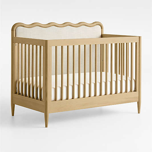 Waveland Natural Oak Wood and Upholstered Performance Stripe Convertible Baby Crib with Toddler Bed Rail