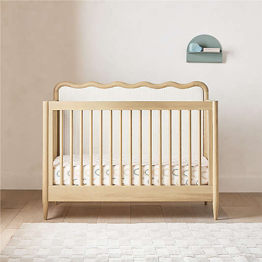 Waveland Natural Oak Wood and Upholstered Performance Stripe Convertible Baby Crib with Toddler Bed Rail