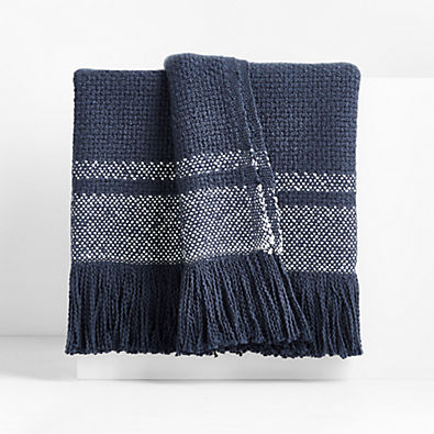 View Weekend Deep Indigo Blue Organic Cotton 70"x55" Fringe Throw Blanket details