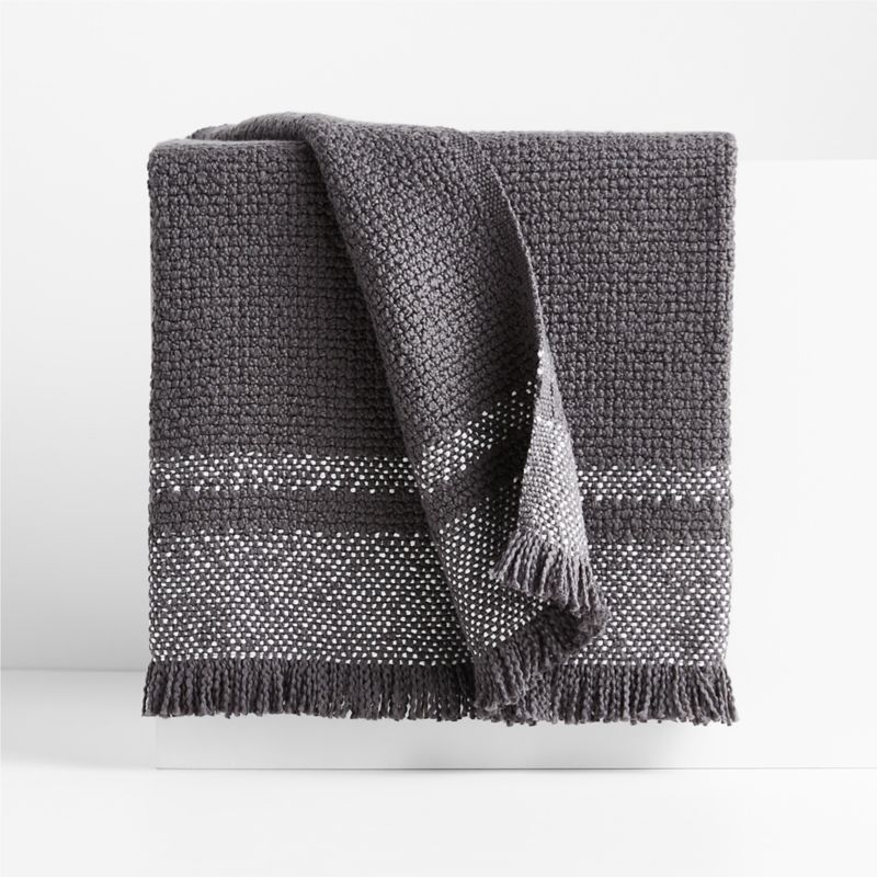 Crate Barrel Weekend Storm Grey Organic Cotton Fringe Throw Blanket