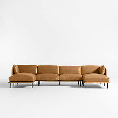 Wells 3-Piece U-Shaped Leather Sectional Sofa with Double Chaise Lounge