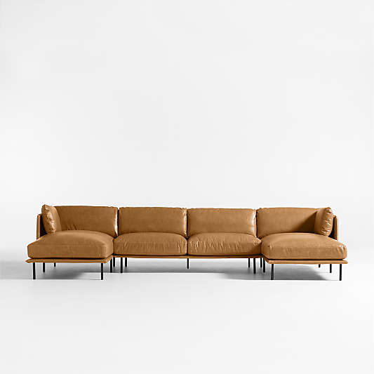 Wells 3-Piece U-Shaped Leather Sectional Sofa with Double Chaise Lounge