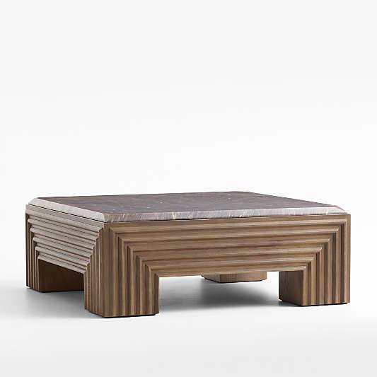 Whelford Brown Oak Wood and Marble 44" Square Coffee Table