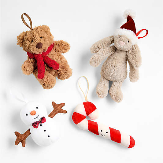 Jellycat ® Bashful Bunny, Bartholomew Bear, Festive Folly Snowman and Candy Cane Kids Christmas Ornament Set