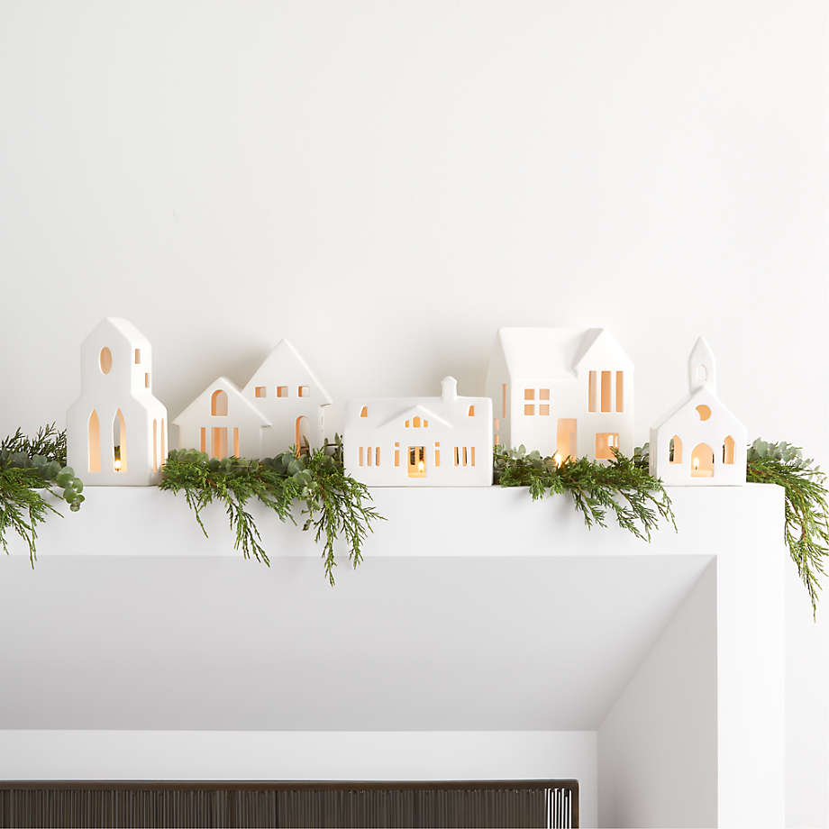 White Ceramic Christmas Houses, Set of 5 (Open Larger View)