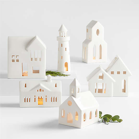 White Ceramic Christmas Houses, Set of 6