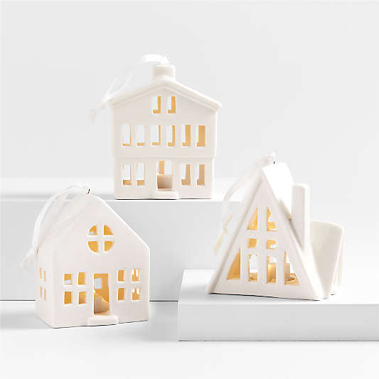 Light-Up White Ceramic House Christmas Tree Ornaments, Set of 3