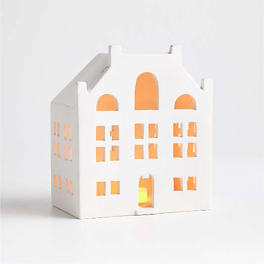 White Ceramic Christmas Houses 2023 Crate Barrel   Wide White Ceramic Holiday Canal House 