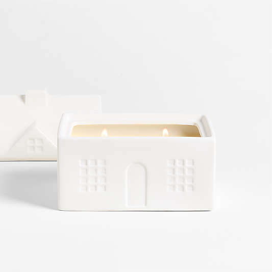 White Ceramic House 2-Wick Holiday Scented Candle - Balsam and Peppermint