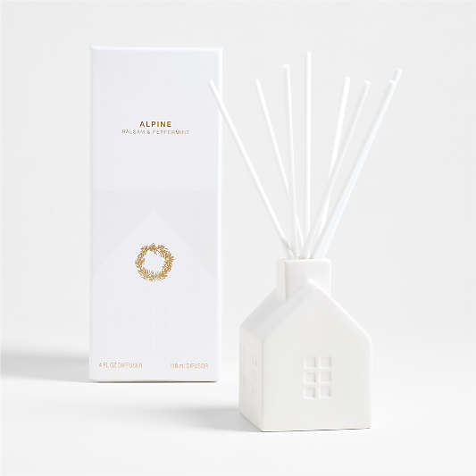 White Ceramic House Holiday Scented Reed Diffuser - Balsam and Peppermint