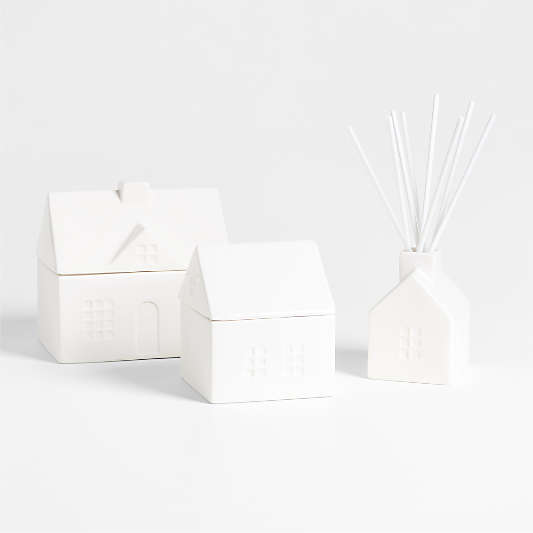 White Ceramic House Holiday Scented Candles and Diffuser - Balsam and Peppermint