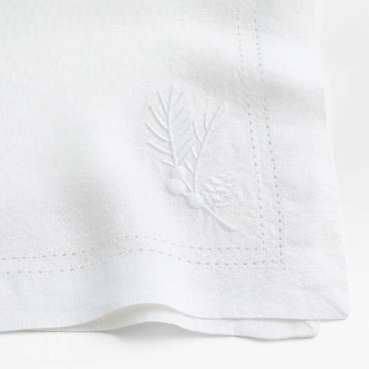 White Embroidered Pinecone EUROPEAN FLAX ™-Certified Linen Dinner Napkin