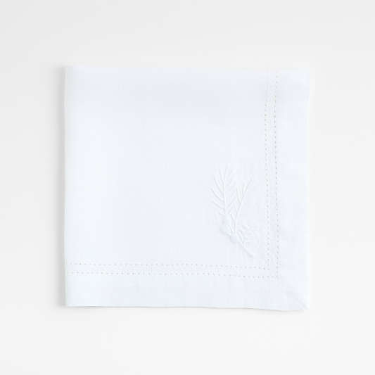 White Embroidered Pinecone EUROPEAN FLAX ™-Certified Linen Dinner Napkin