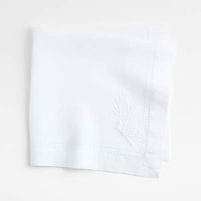 White Embroidered Pinecone EUROPEAN FLAX ™-Certified Linen Dinner Napkin