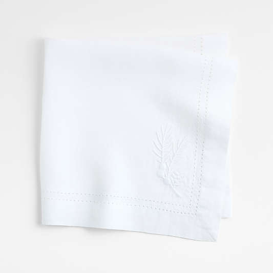 White Embroidered Pinecone EUROPEAN FLAX ™-Certified Linen Dinner Napkin