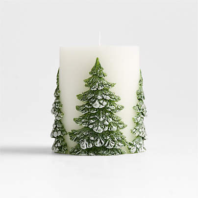 White with Embossed Trees Pillar Candle 3x4