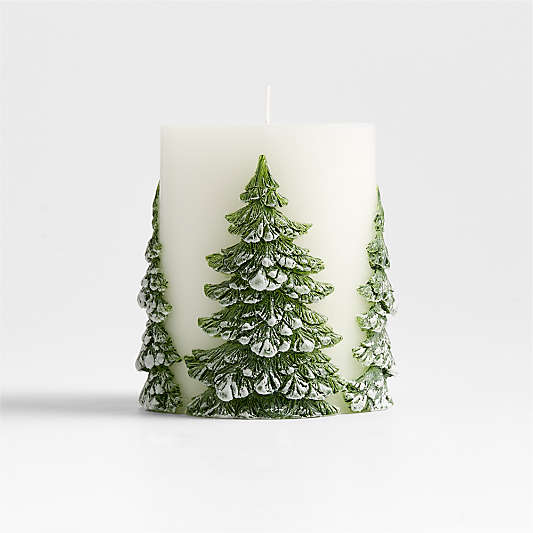 White with Embossed Trees Pillar Candle 3x4