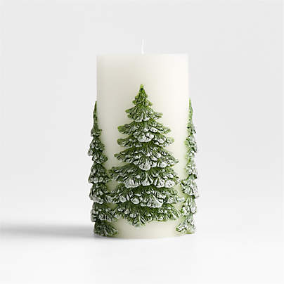 White with Embossed Trees Pillar Candle 3x6
