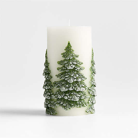 White with Embossed Trees Pillar Candle 3x6
