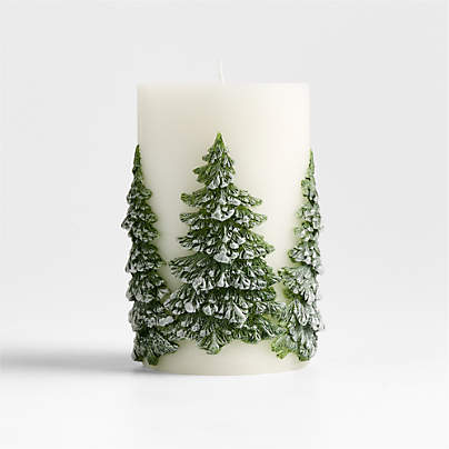 White with Embossed Trees Pillar Candle 4x6