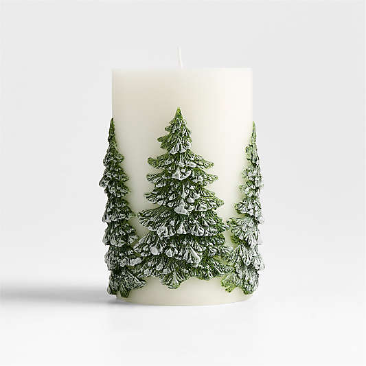 White with Embossed Trees Pillar Candle 4x6