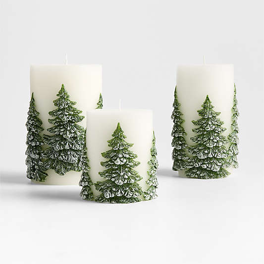 White with Embossed Trees Pillar Candle 4x6