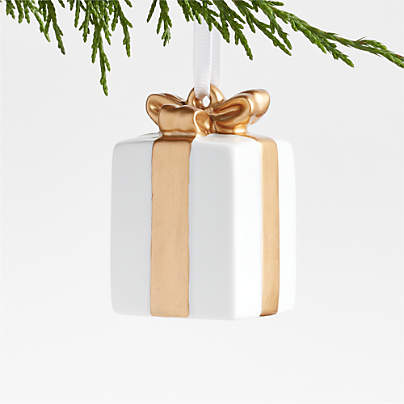 Rectangle White & Gold Ceramic Christmas Present Ornament