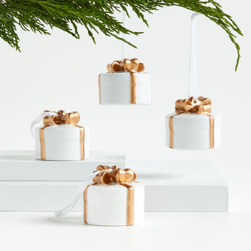 Round White & Gold Present Christmas Tree Ornaments, Set of 4 + Reviews Crate & Barrel