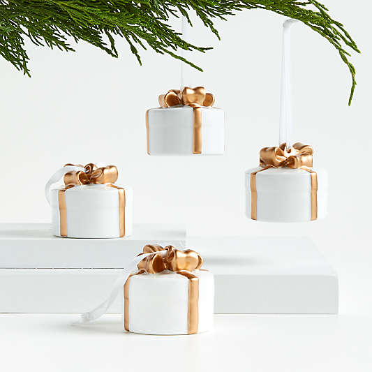 Round White & Gold Present Christmas Tree Ornaments, Set of 4