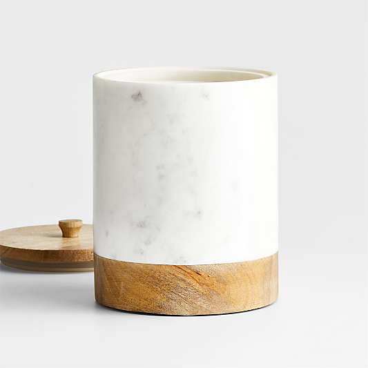 Large White Marble Canister with Wood Lid