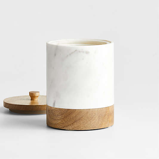 Medium White Marble Canister with Wood Lid