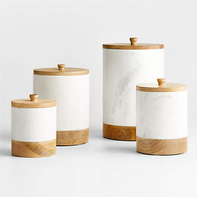 White Marble and Wood Canisters Set