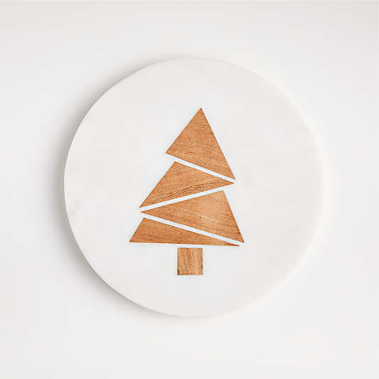 White Marble and Wood Tree Trivet