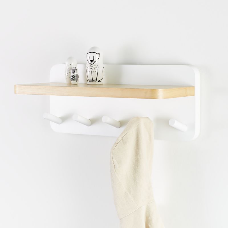 BLUE CANYON WHITE WOODEN WALL SHELF WITH  4 PEGS CLOTHES HANGER HOOKS 