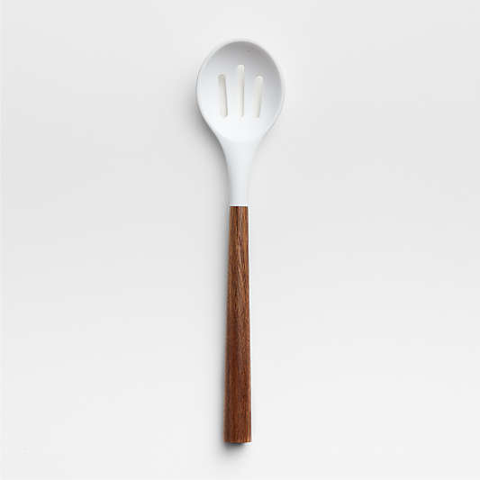 White Silicone Slotted Spoon with Acacia Wood Handle