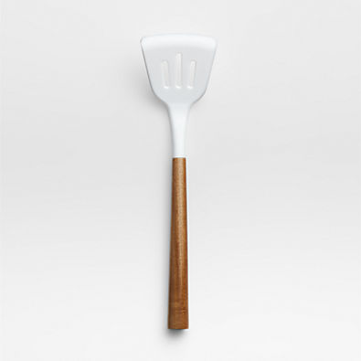 View White Silicone Slotted Turner with Acacia Wood Handle details