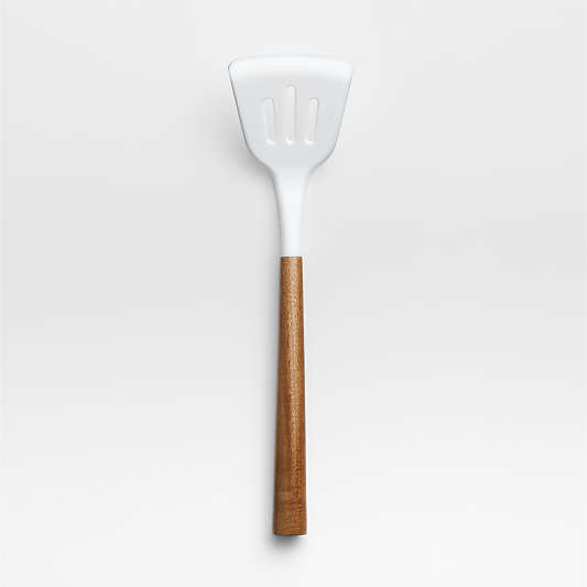 White Silicone Slotted Turner with Acacia Wood Handle