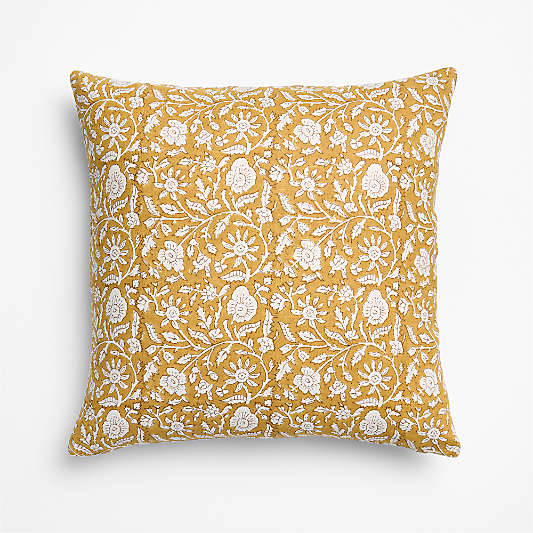 Whitney Linen 20"x20" Moroccan Ocher Floral Hand Printed Throw Pillow Cover